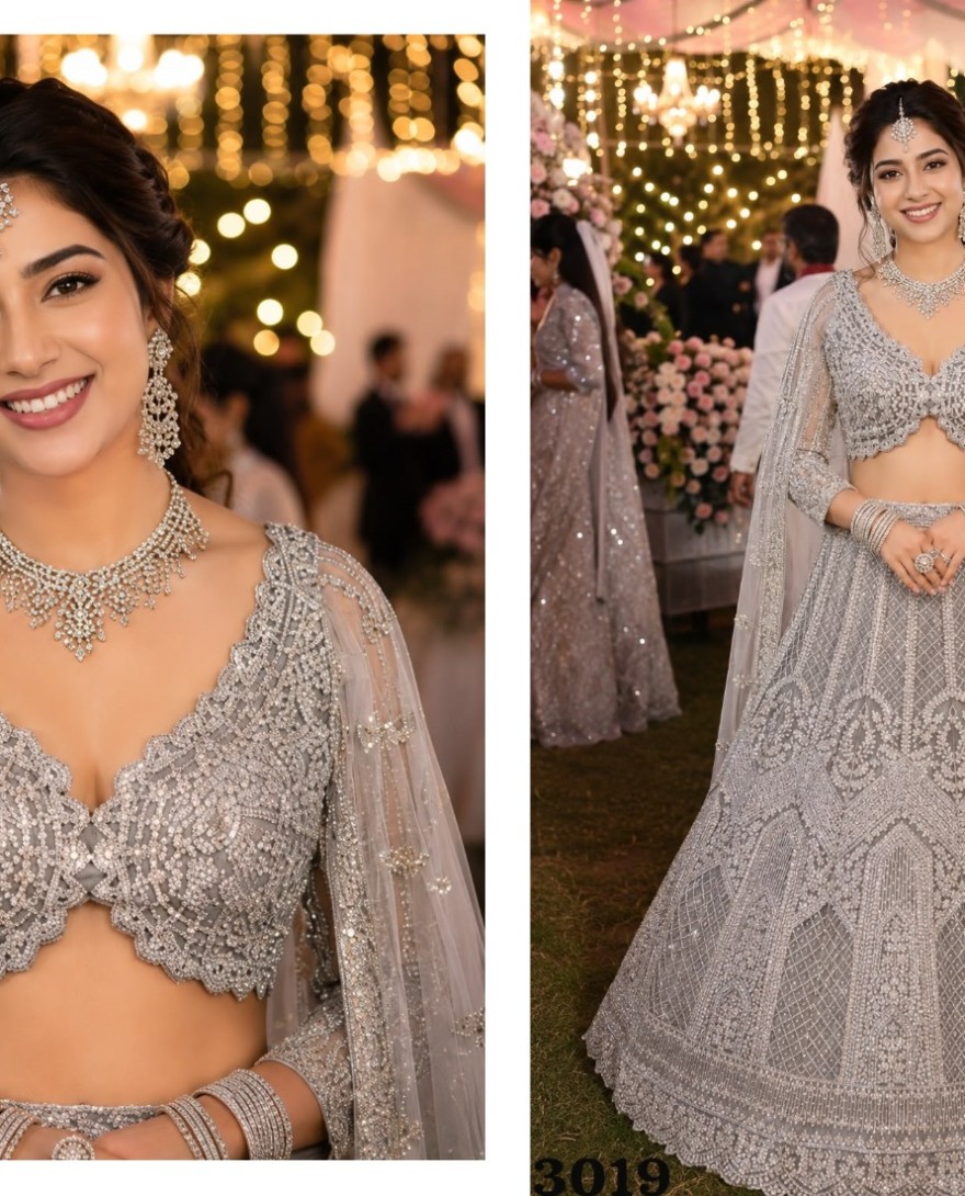 SILVER - Grey Net Lehenga Choli with Embroidered and Thread Work